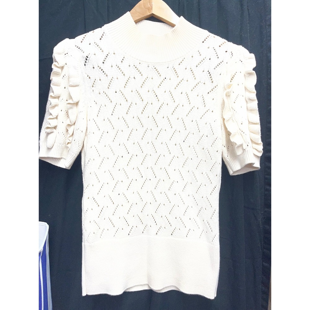 WHBM White House Black Market Cream Pointelle Ruffle Sleeve Mock Neck Sweater S